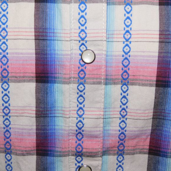 WRANGLER Womens L Pink Blue White Western Pearl Snap Shirt - Picture 5 of 14